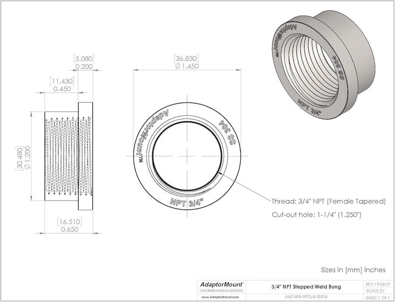 AdaptorMount 3/4" NPT Stainless Steel 304 Female Threaded Stepped Weld Bung Mounting Fitting (OD 1.2") with Top Head (OD 1.5") - Image 5